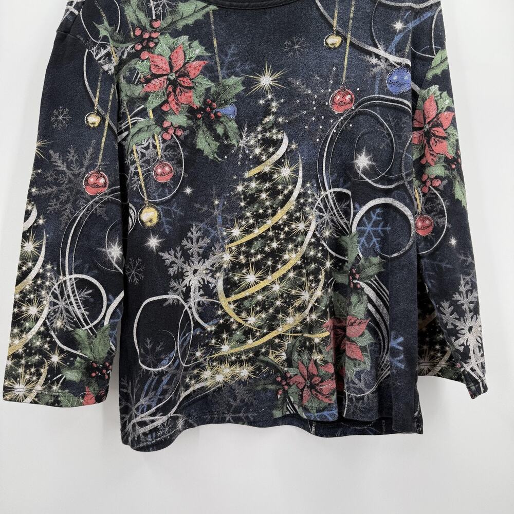 Jess & Jane Shirt Womens Xl Black Christmas Joy Tree Poinsettia Holiday Usa View 2